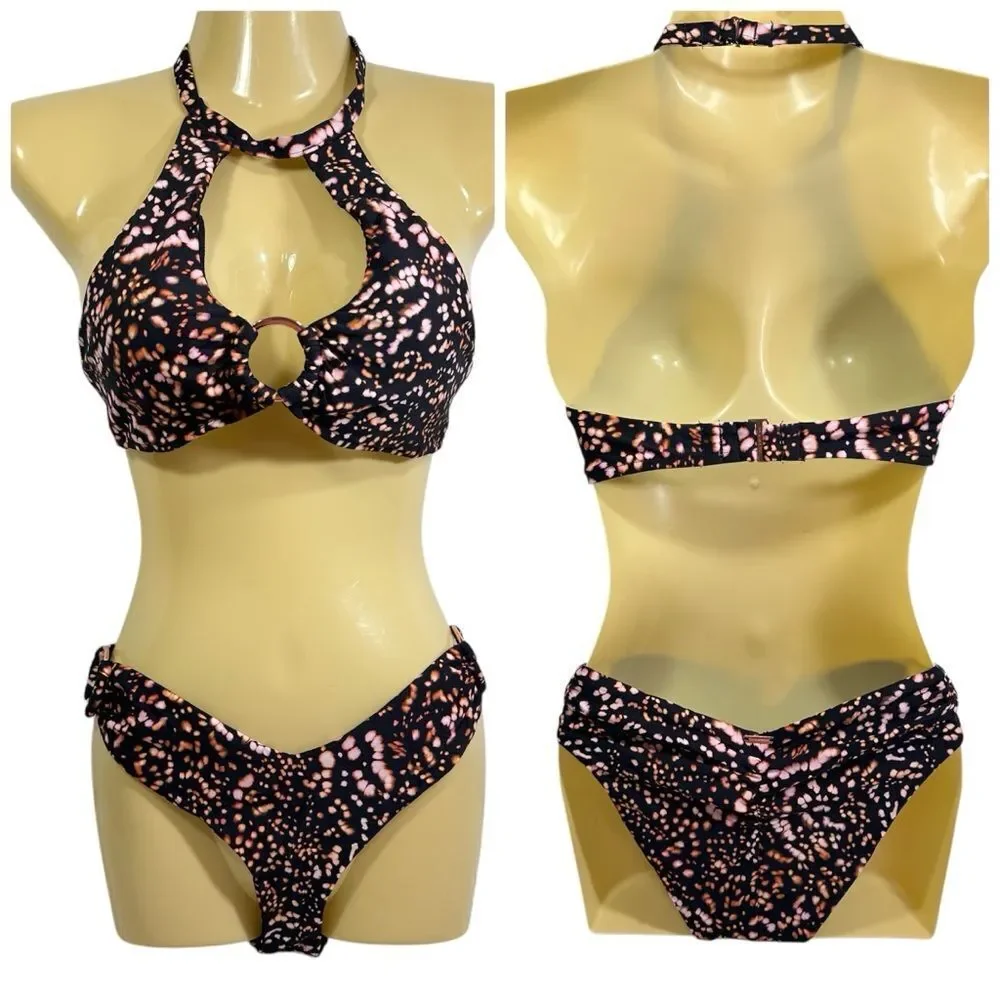 NWT VS RING TIE DYE SPOT HALTER PADDED BIKINI TOP &‎ BOTTOM SWIMSUIT SET SMALL